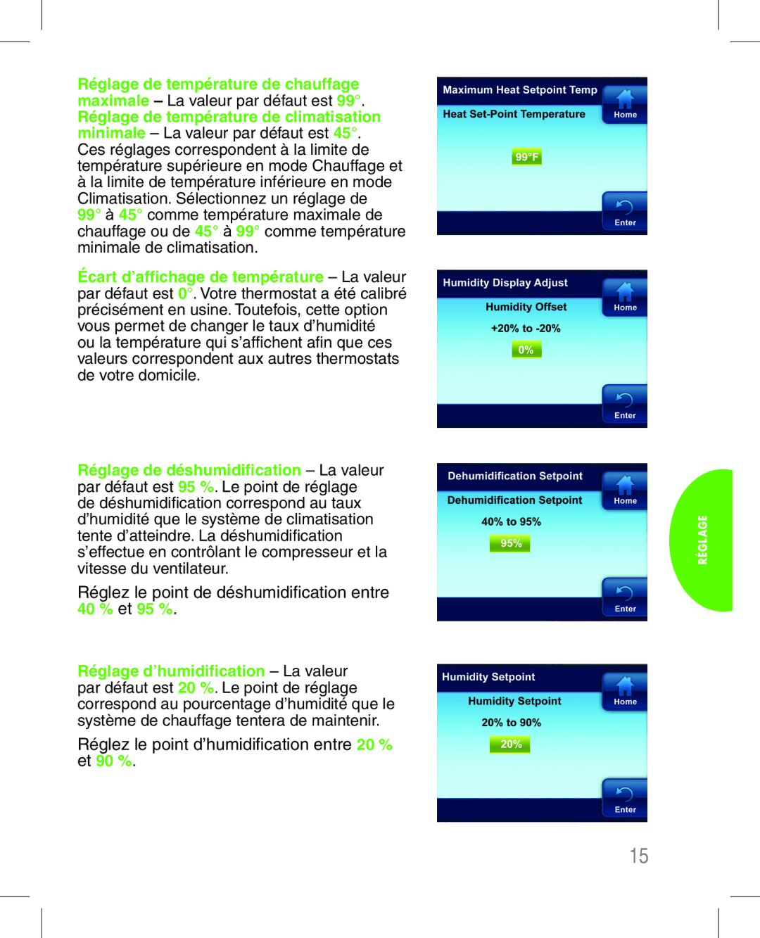 White Rodgers 1hdez-1521 manual Réglez le point de déshumidification entre 40 % et 95 % 