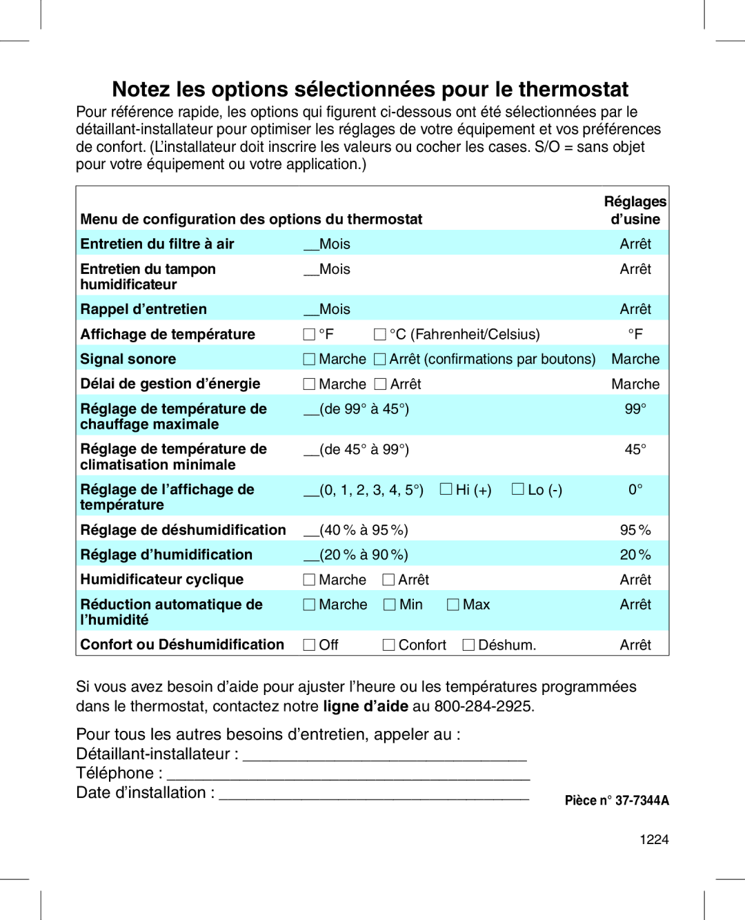 White Rodgers 1hdez-1521 manual Menu de configuration des options du thermostat 