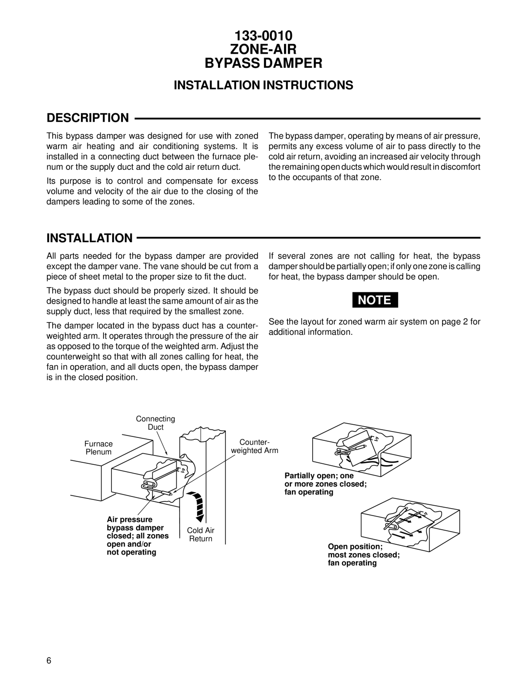 White Rodgers 2061 installation instructions ZONE-AIR Bypass Damper, Installation Instructions Description 