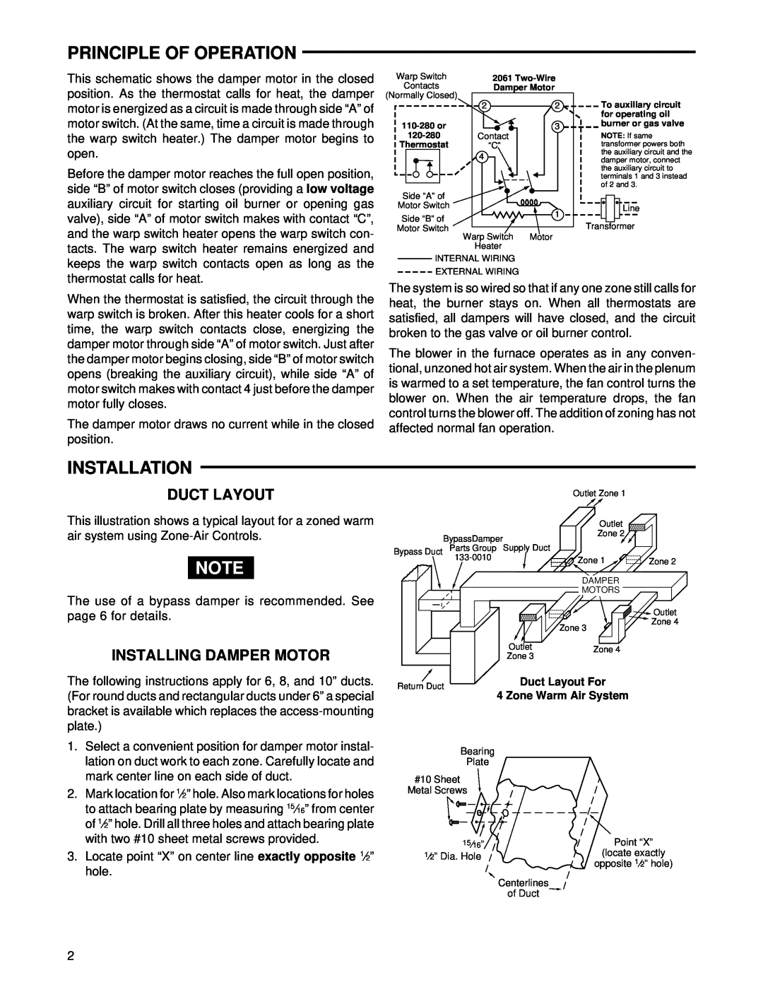 White Rodgers 2061 installation instructions Principle Of Operation, Installation, Duct Layout, Installing Damper Motor 