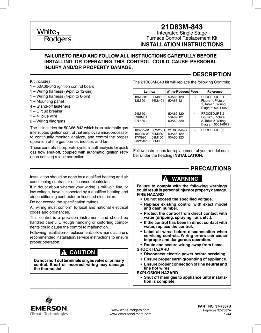 White Rodgers 21D83M-843 installation instructions Installation Instructions, Description, Precautions 