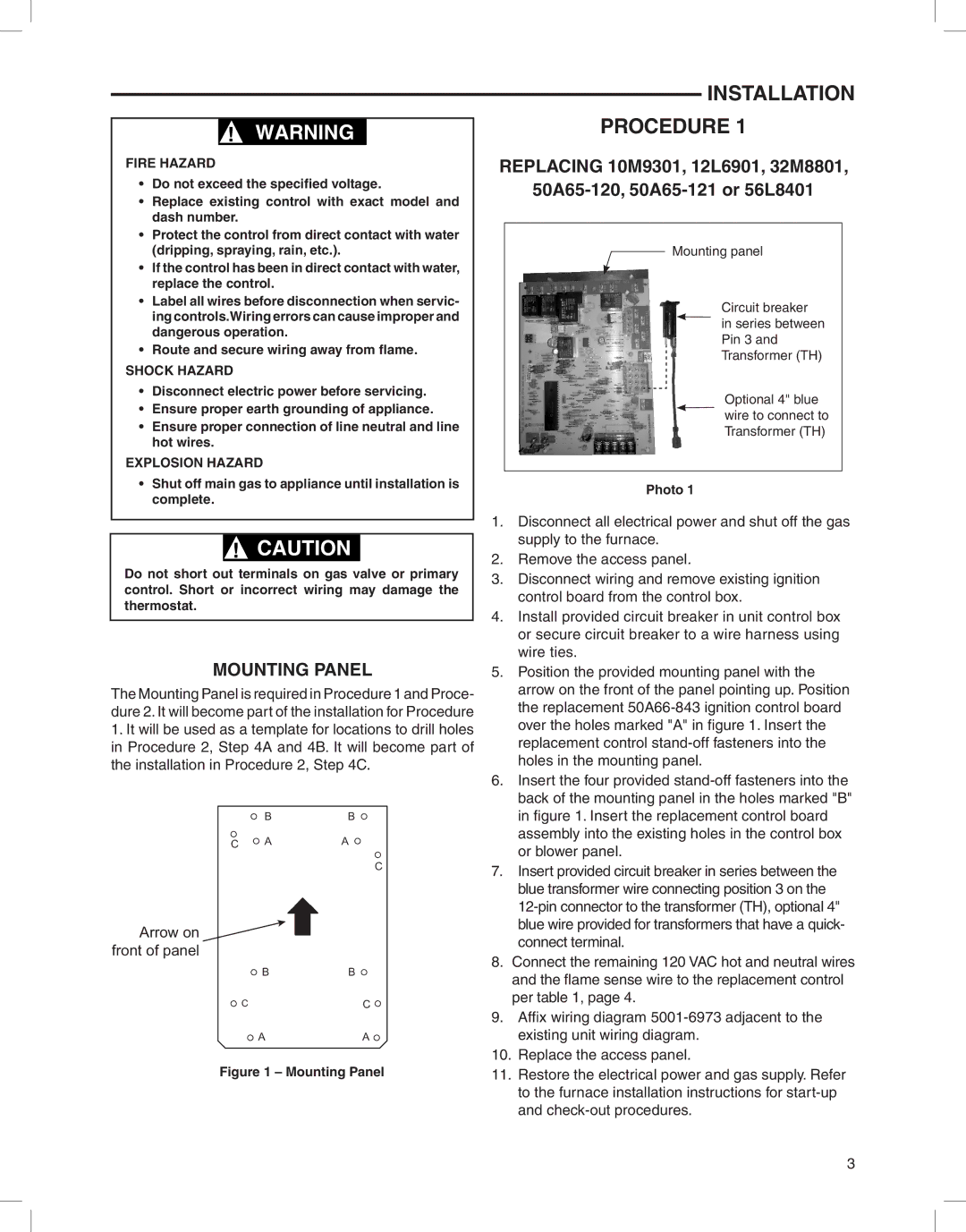 White Rodgers 21D83M-843 Installation Procedure, Mounting Panel, Fire Hazard, Shock Hazard, Explosion Hazard 