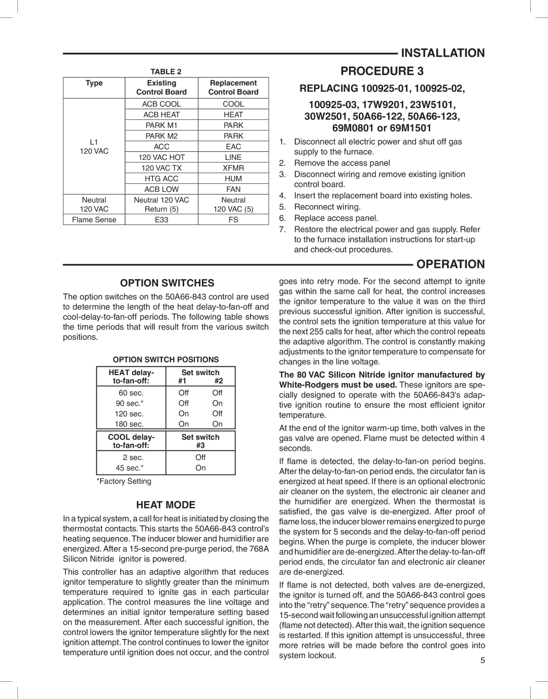 White Rodgers 21D83M-843 installation instructions Operation, Option Switches, Heat Mode, Option Switch Positions 