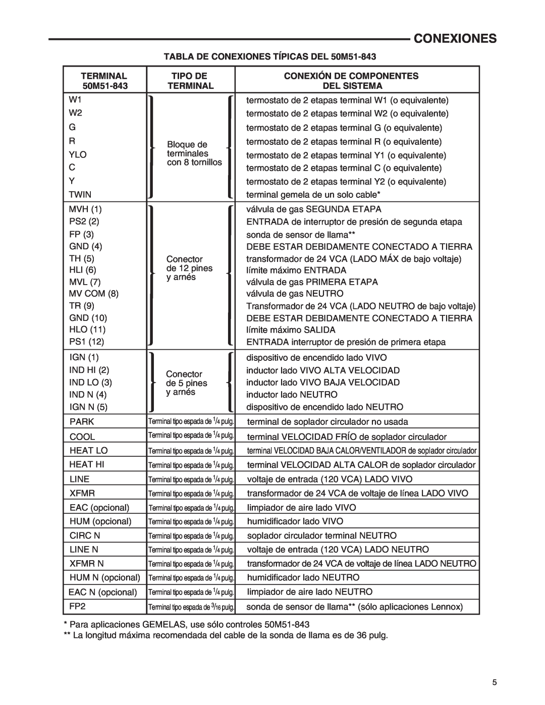 White Rodgers 21M51U-843 manual Conexiones, Terminal, Tipo De, Conexión De Componentes, Del Sistema, 50M51-843 