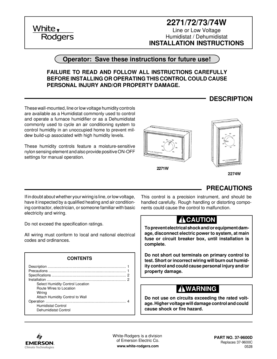 White Rodgers 2274W, 2271, 2273W installation instructions Installation Instructions, Description, Precautions, Contents 