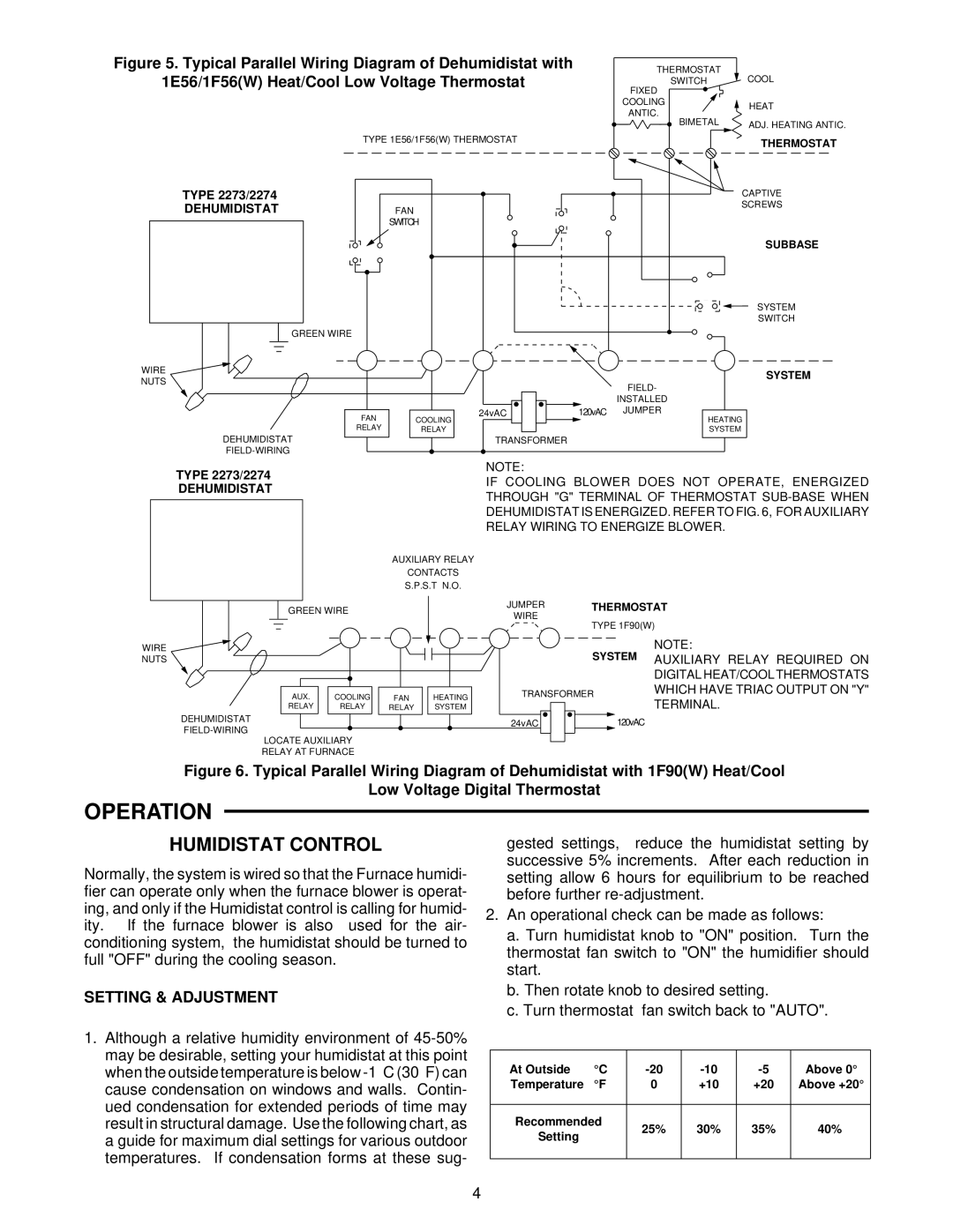 White Rodgers 2272W, 2271 Operation, Humidistat Control, 1E56/1F56W Heat/Cool Low Voltage Thermostat, Setting & Adjustment 