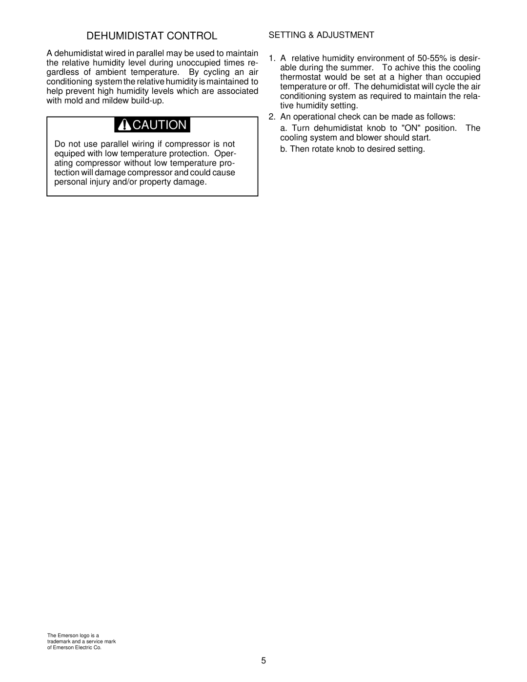 White Rodgers 2274W, 2273W, 2271W, 2272W installation instructions Dehumidistat Control 