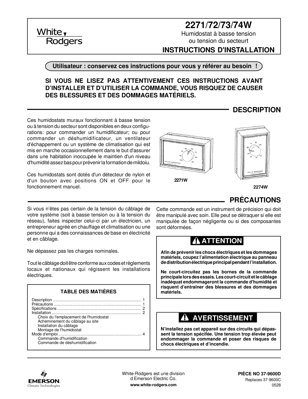 White Rodgers 2274W, 2273W, 2271W, 2272W Instructions Dinstallation, Précautions, Table DES Matières 