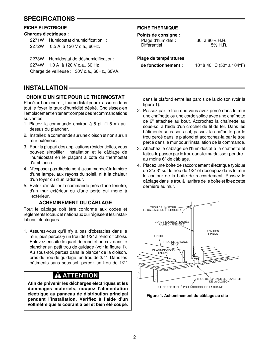 White Rodgers 2273W, 2271 SPÈ Cifications, Choix DUN Site Pour LE Thermostat, Acheminement DU CÂ Blage, Fiche É Lectrique 