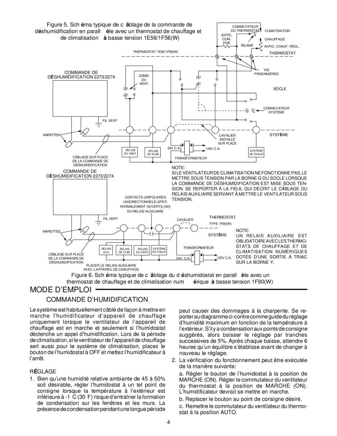 White Rodgers 2272W, 2274W, 2273W, 2271W installation instructions Mode Demploi, Commande Dhumidification, RÉ Glage 