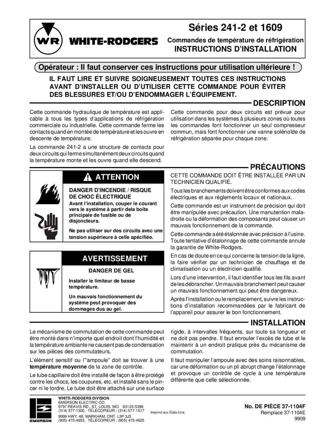 White Rodgers 1609 installation instructions Séries 241-2 et, Instructions D’INSTALLATION, Avertissement, Précautions 