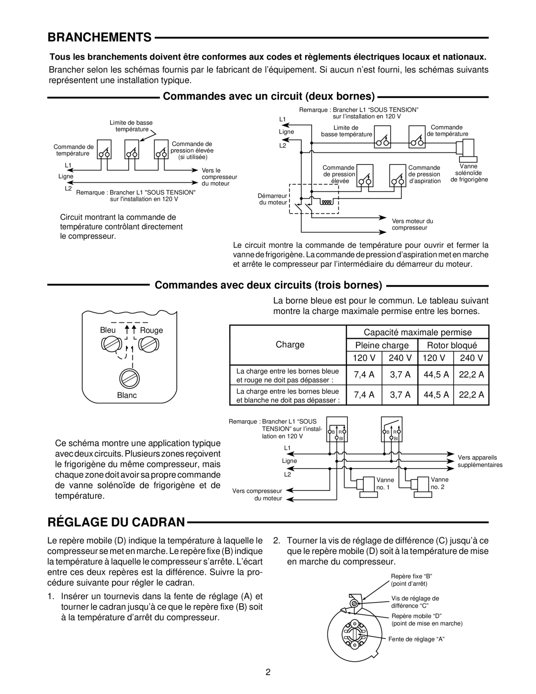 White Rodgers 241-2, 1609 installation instructions Branchements, Réglage DU Cadran, Commandes avec un circuit deux bornes 