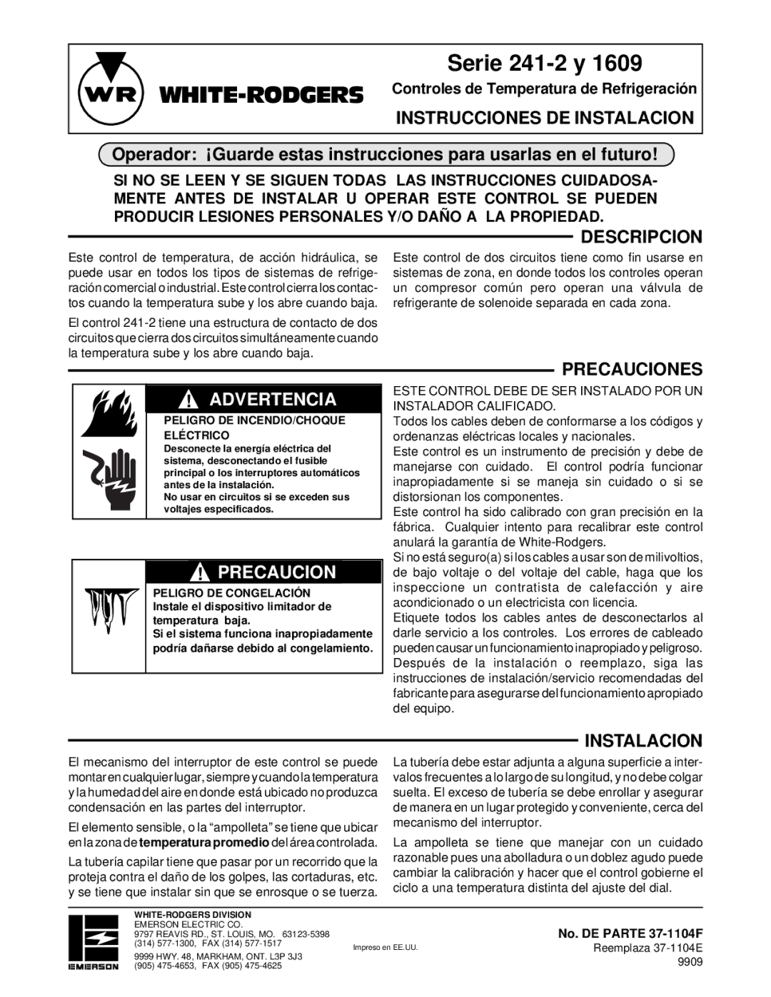 White Rodgers 1609 installation instructions Serie 241-2 y, Advertencia 