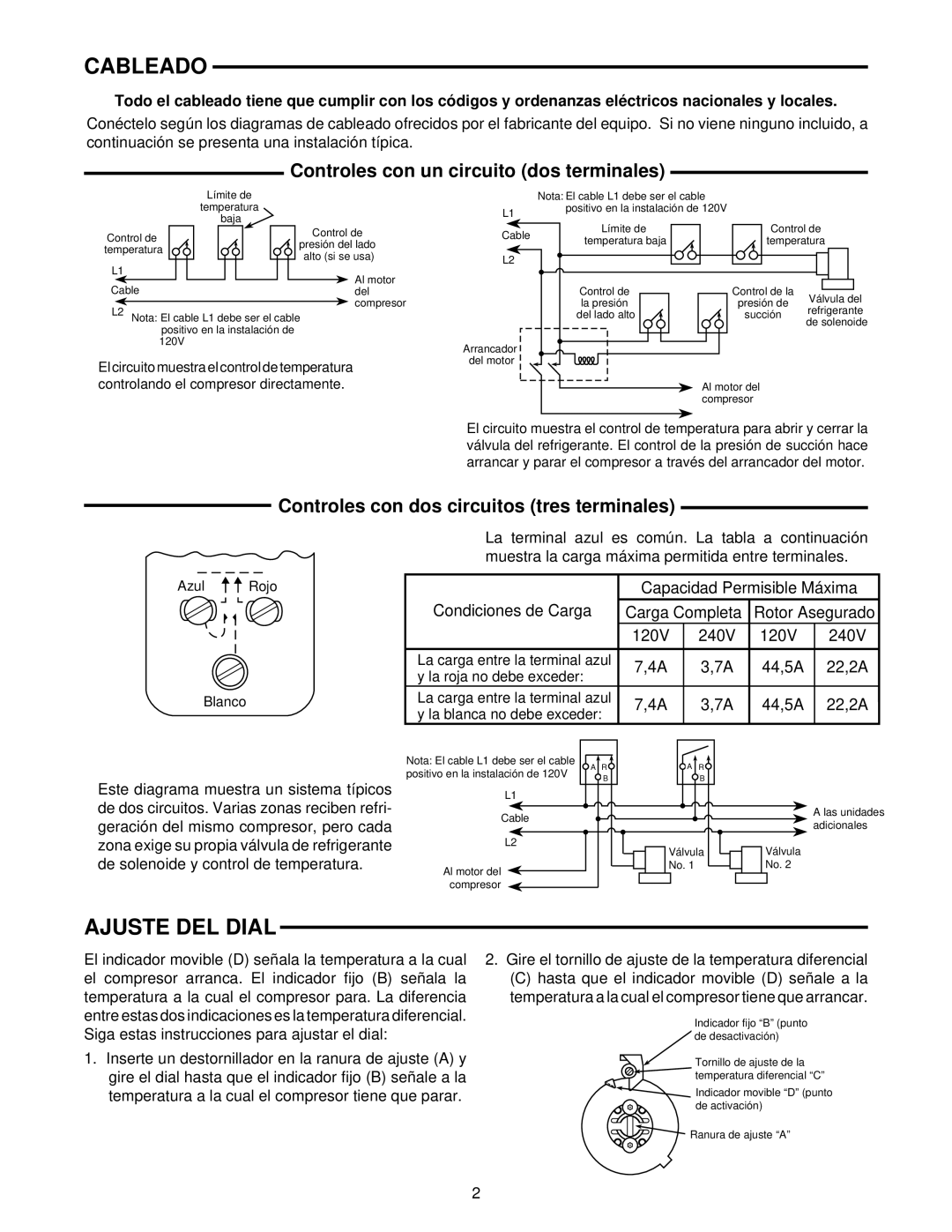 White Rodgers 241-2, 1609 installation instructions Cableado, Ajuste DEL Dial, Controles con un circuito dos terminales 