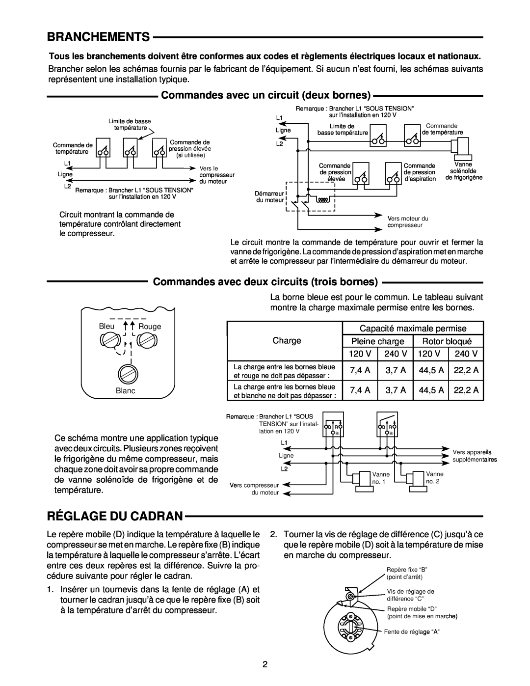 White Rodgers 241-2, 1609 installation instructions Branchements, Réglage Du Cadran, Commandes avec un circuit deux bornes 