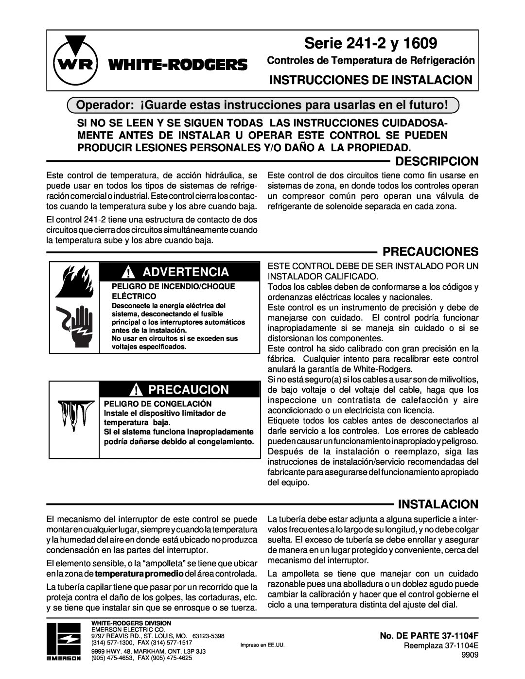 White Rodgers 1609 Serie 241-2 y, Instrucciones De Instalacion, Descripcion, Advertencia, Precauciones, Cautionprecaucion 