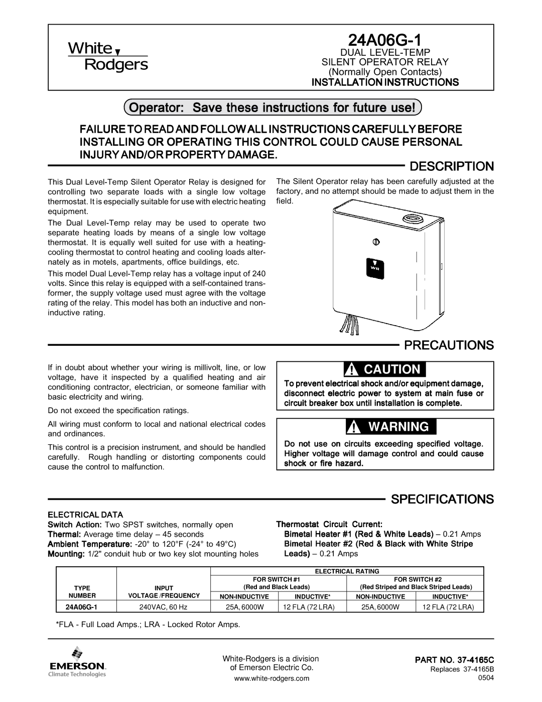 White Rodgers 24A06G-1 specifications Operator Save these instructions for future use, Description, Precautions 