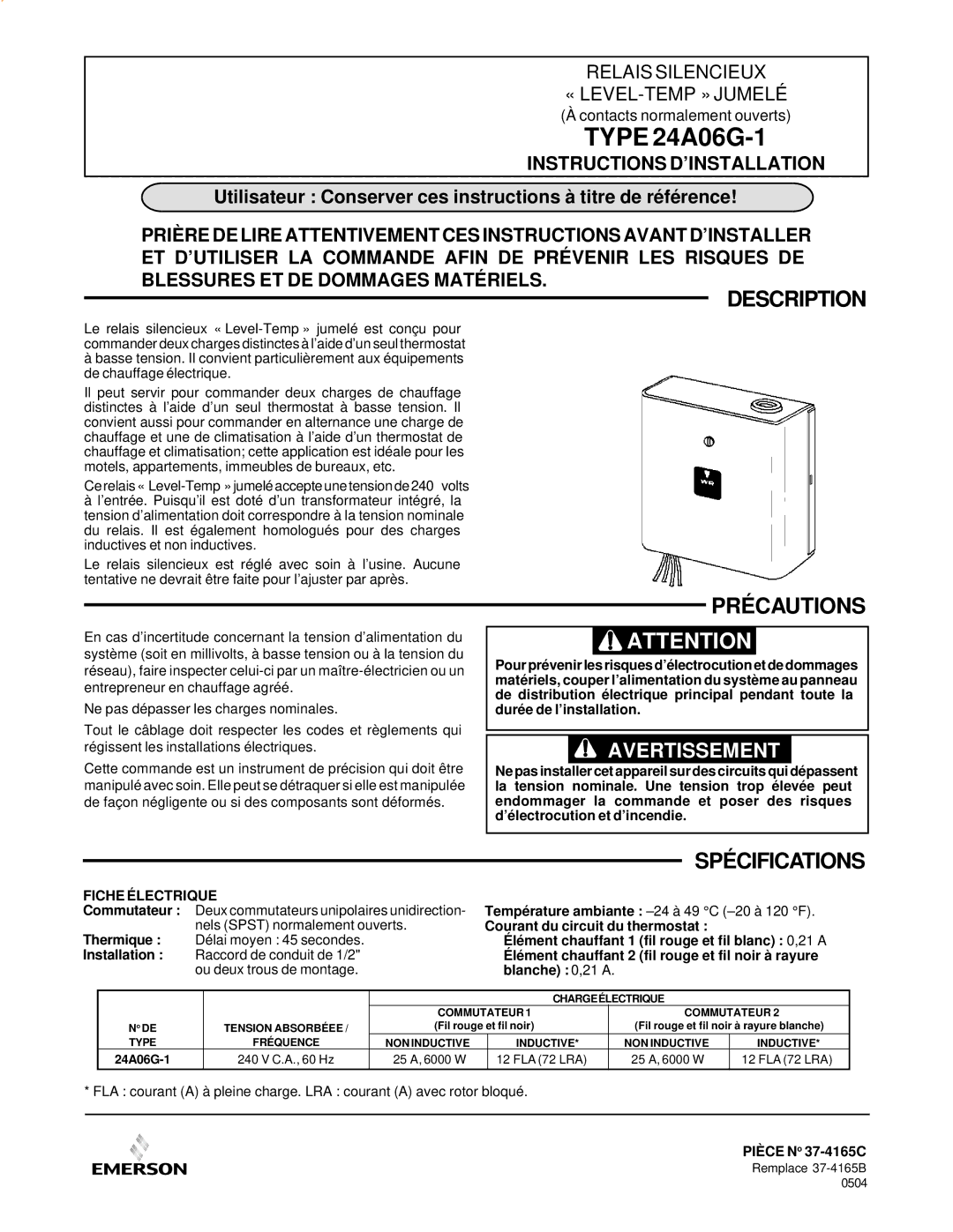 White Rodgers 24A06G-1 specifications Description, Précautions, Spécifications, Fiche É Lectrique, PIÈ CE N o 37-4165C 