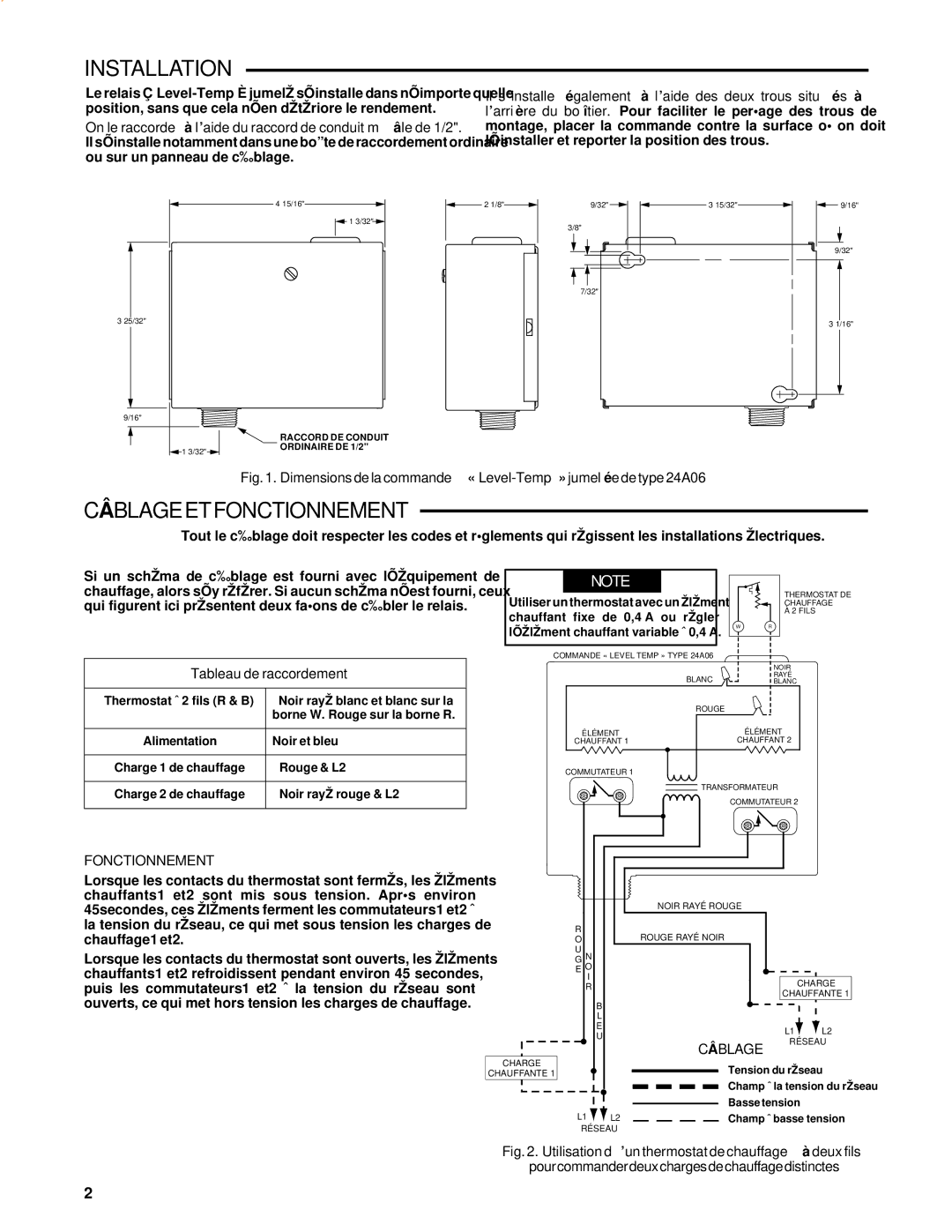 White Rodgers 24A06G-1 specifications Installation, CÂ Blageetfonctionnement, Tableau de raccordement, Fonctionnement 