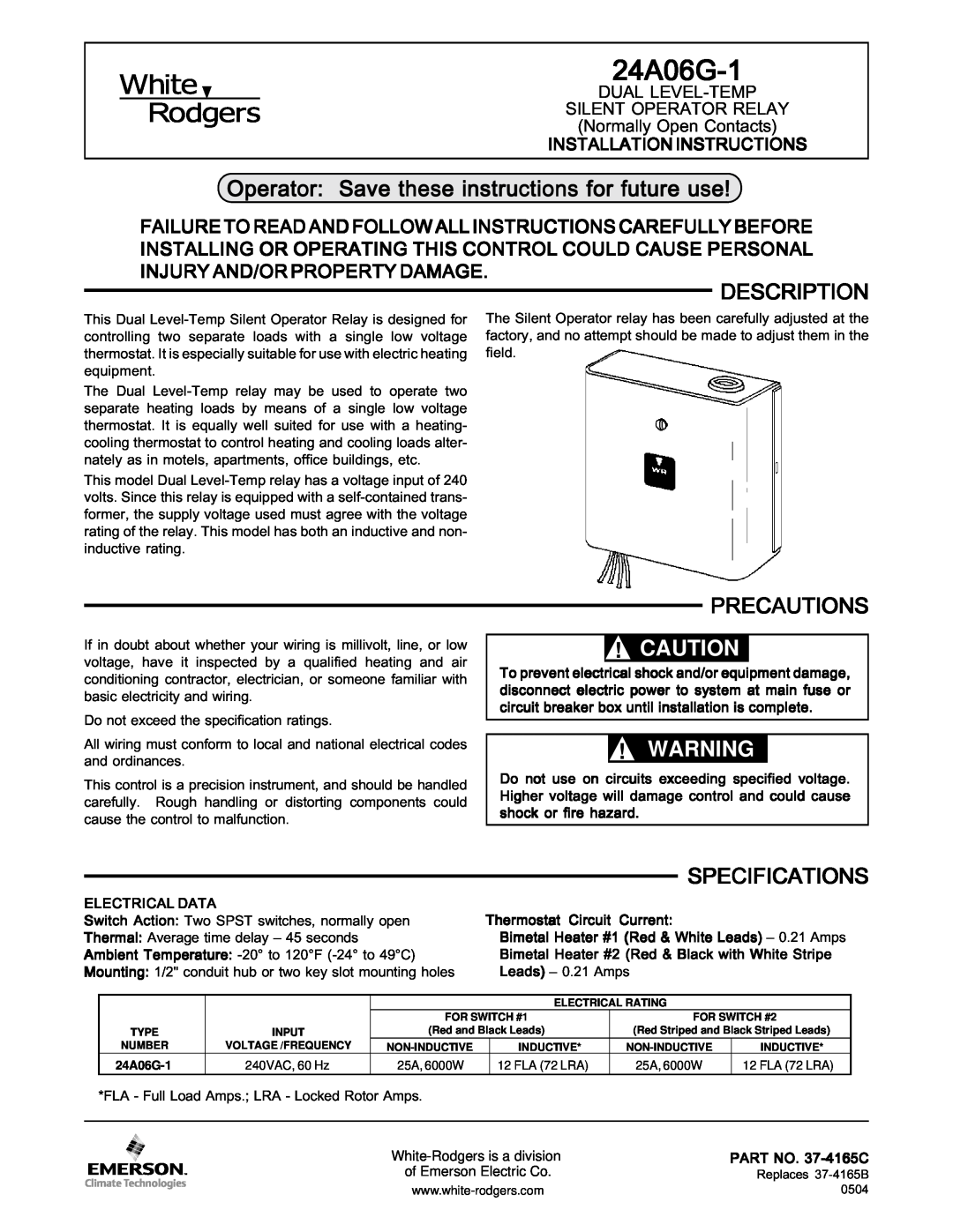 White Rodgers 24A06G-1 specifications Operator Save these instructions for future use, Description, Precautions 