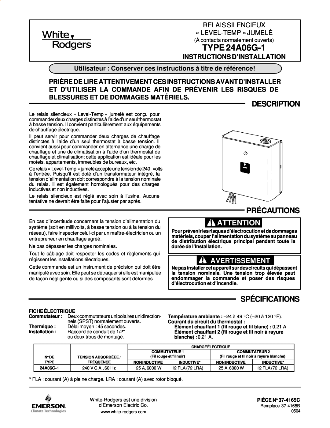 White Rodgers specifications Description, Précautions, Spécifications, TYPE 24A06G-1, Avertissement 