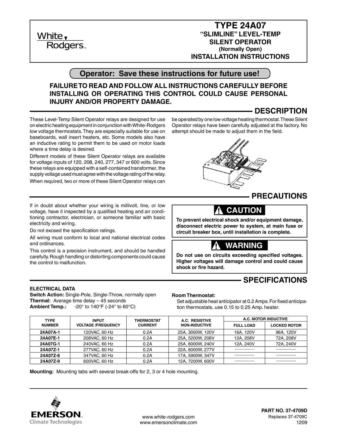 White Rodgers 24A07A-1 installation instructions Operator Save these instructions for future use, Description, Precautions 