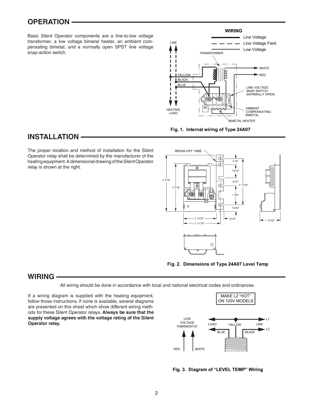 White Rodgers 24A07A-1 installation instructions Operation, Installation, Wiring 