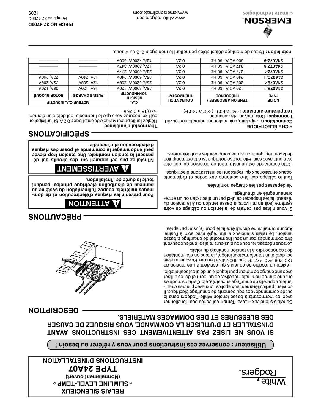 White Rodgers 24A07A-1 installation instructions ypeT, Description, cificationsspÉ, Avertissement, tionsu ecapr 