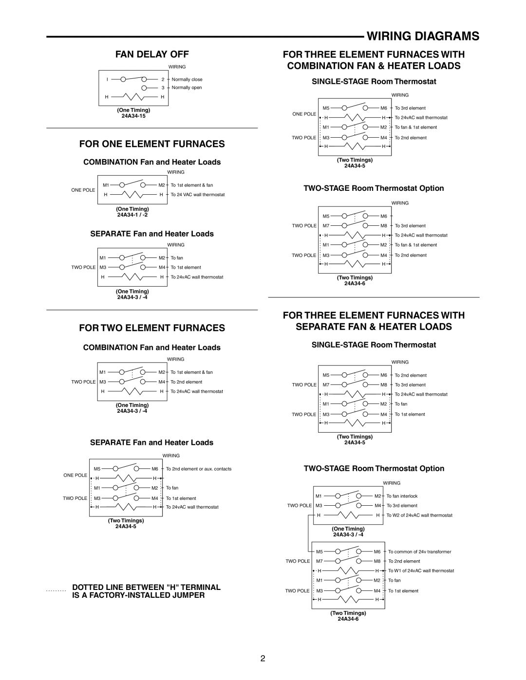 White Rodgers 24A34-14, 24A34-2, 24A34-5 Wiring Diagrams, FAN Delay OFF, For ONE Element Furnaces, For TWO Element Furnaces 