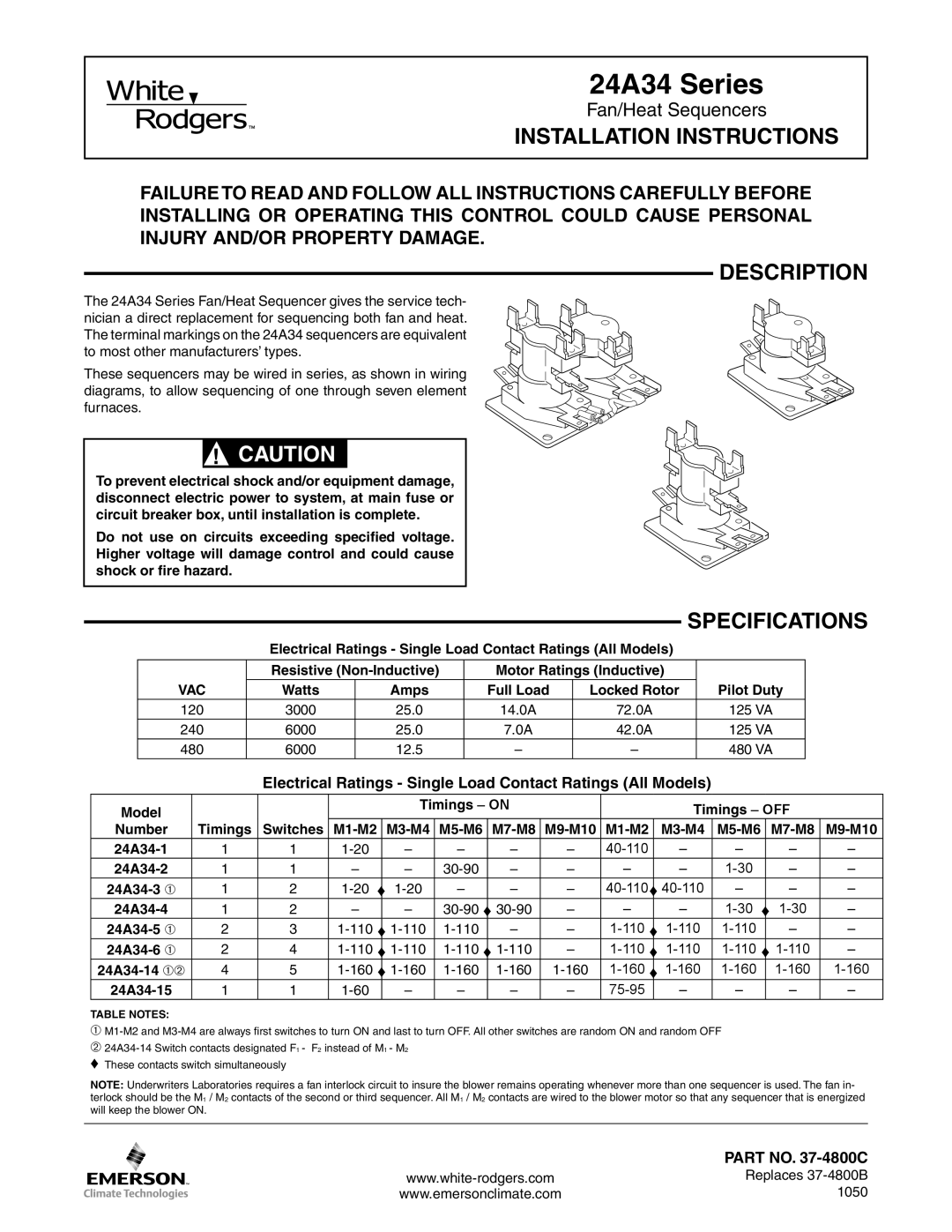 White Rodgers 24A34-5 installation instructions Installation Instructions, Description, Resistive Non-Inductive, Amps 