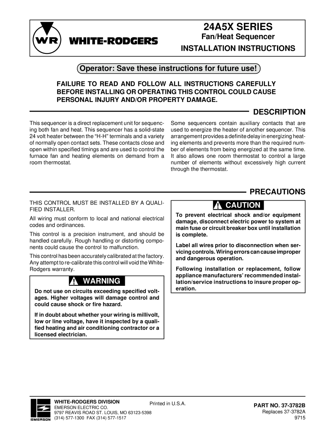 White Rodgers installation instructions 24A5X Series, White-Rodgers, Description, Precautions, Part no -3782B 