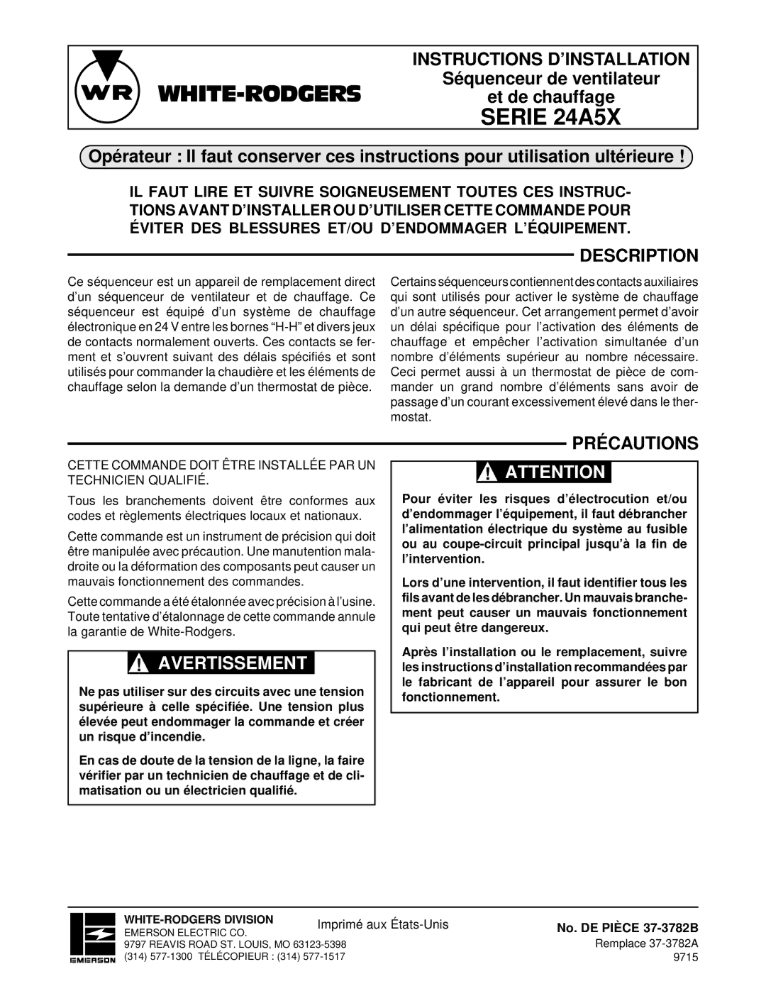 White Rodgers 24A5X installation instructions Avertissement, Précautions, No. DE Pièce 37-3782B 