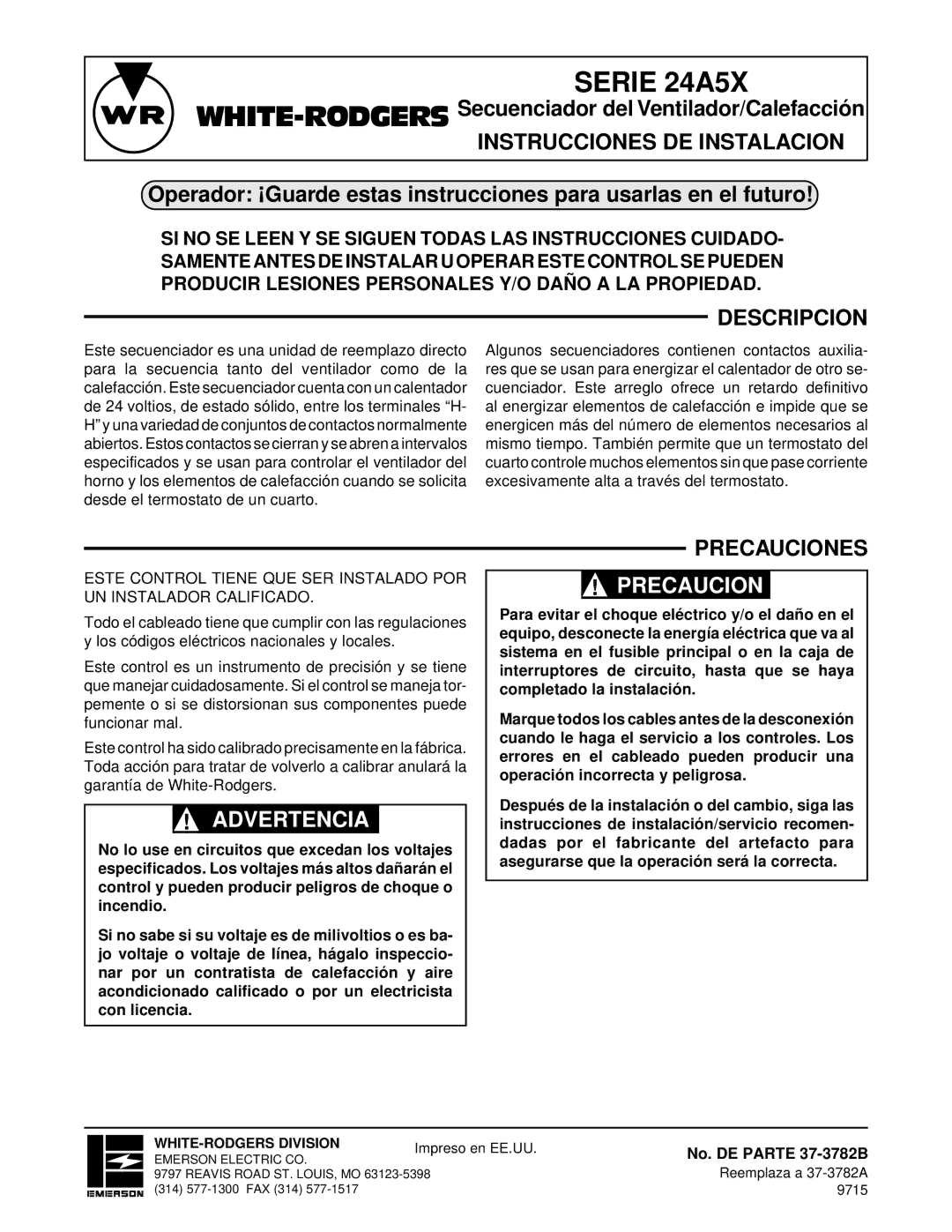 White Rodgers installation instructions Serie 24A5X, Advertencia, Precaucion 