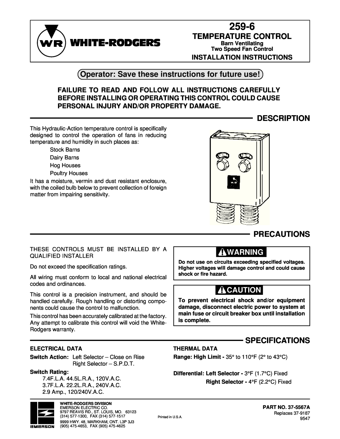 White Rodgers 259-6 installation instructions White-Rodgers, Temperature Control, Description, Precautions, Thermal Data 