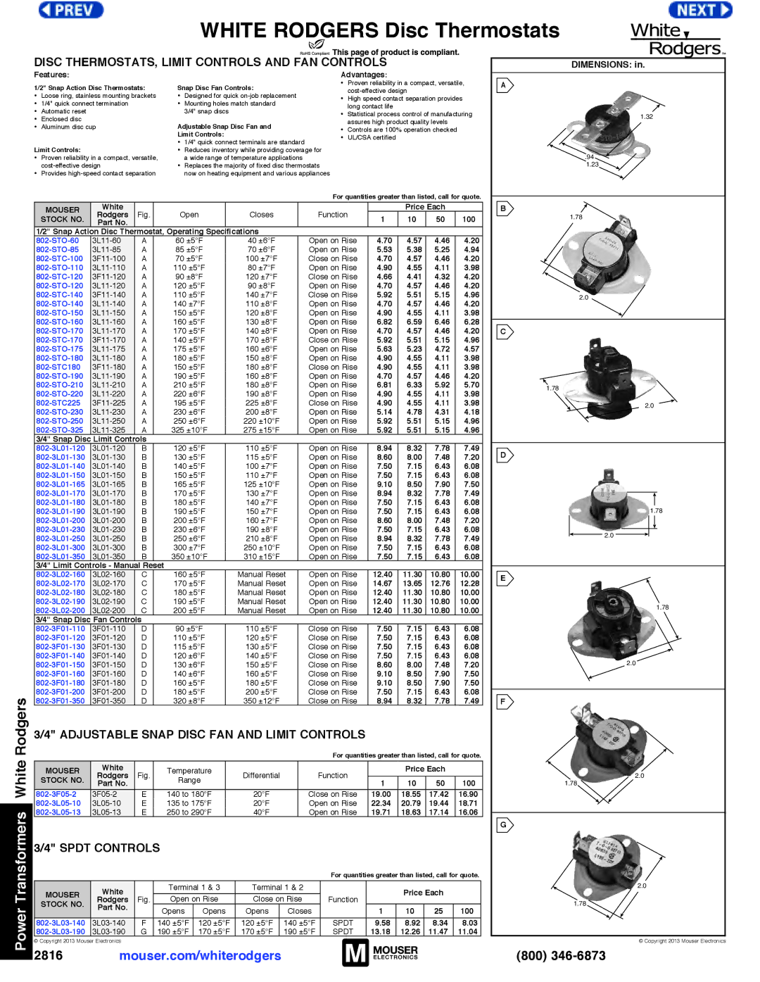 White Rodgers 2816 dimensions Disc thermostats, limit controls and fan controls, Spdt Controls 