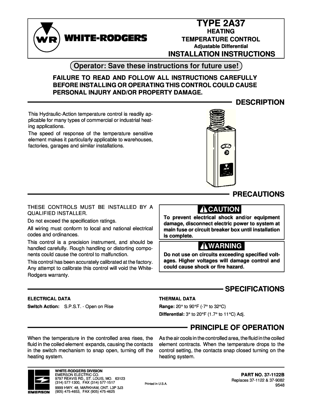 White Rodgers installation instructions TYPE 2A37, White-Rodgers, Installation Instructions, Description, Precautions 