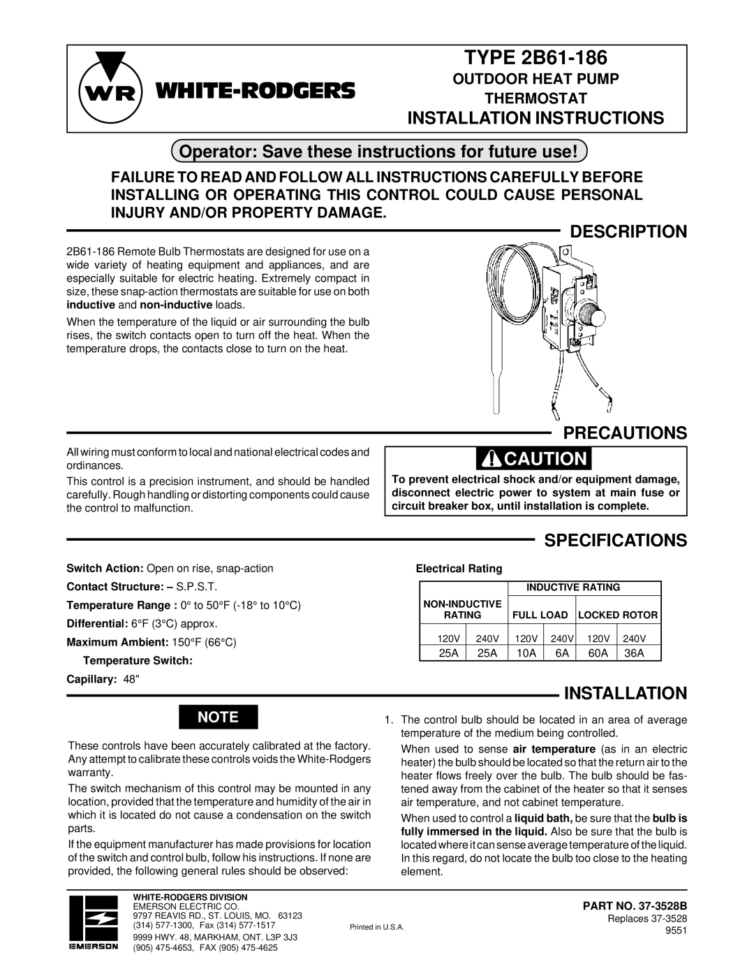 White Rodgers 2B61-186 installation instructions Installation Instructions, Description, Precautions, Specifications 