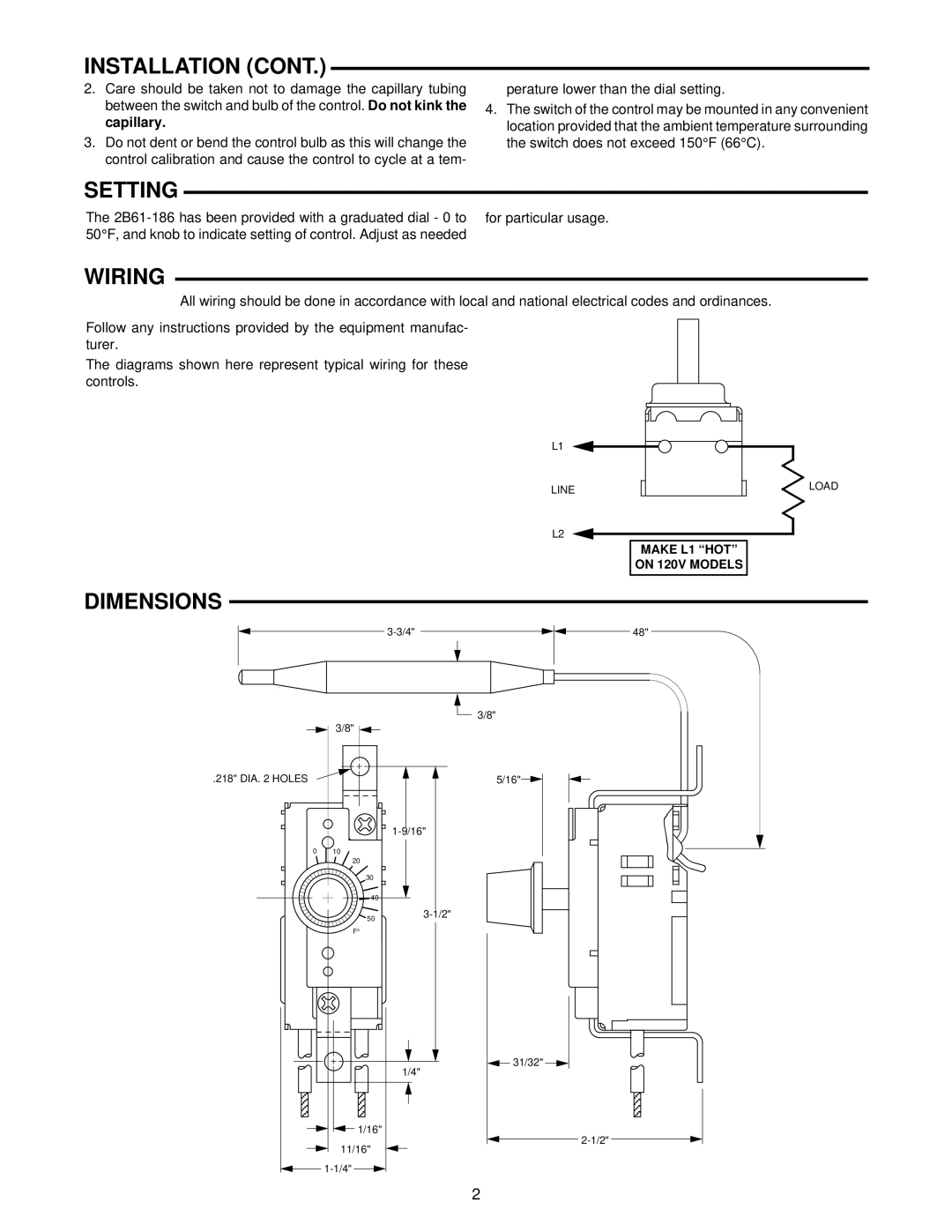 White Rodgers 2B61-186 installation instructions Setting, Wiring, Dimensions 