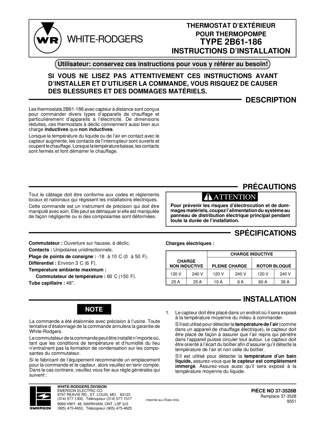 White Rodgers 2B61-186 installation instructions Instructions D’INSTALLATION, Précautions, Spécifications 