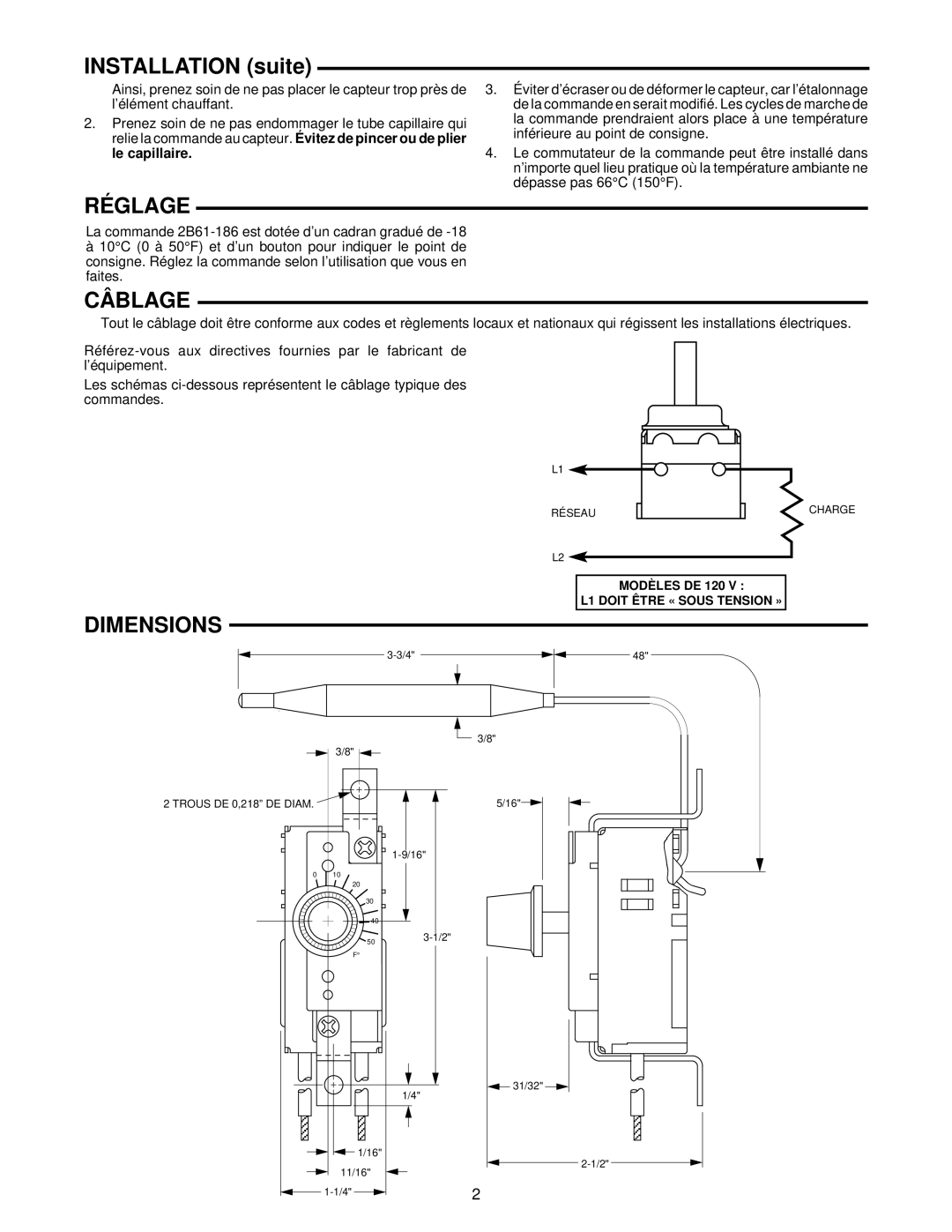 White Rodgers 2B61-186 installation instructions Installation suite, Réglage, Câblage 