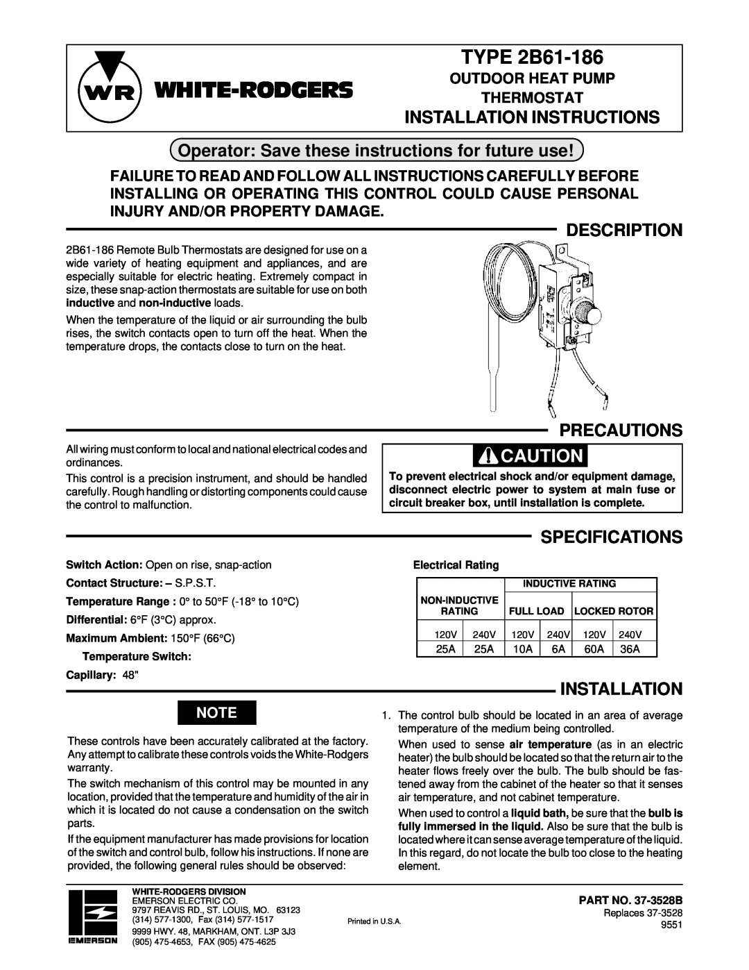 White Rodgers installation instructions White-Rodgers, TYPE 2B61-186, Installation Instructions, Description, Capillary 