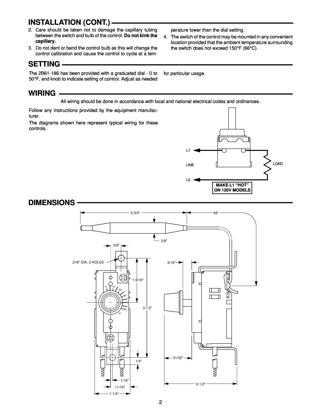 White Rodgers 2B61-186 installation instructions Installation Cont, Setting, Wiring, Dimensions 