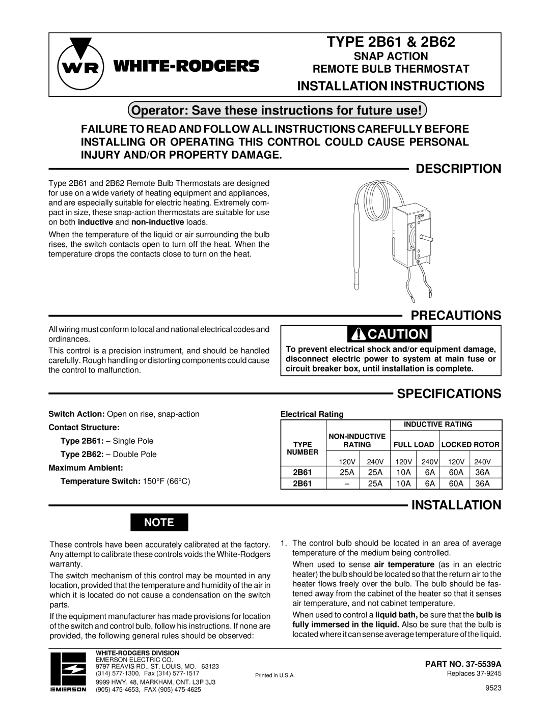 White Rodgers 2B61, 2B62 installation instructions Installation Instructions, Description, Precautions, Specifications 