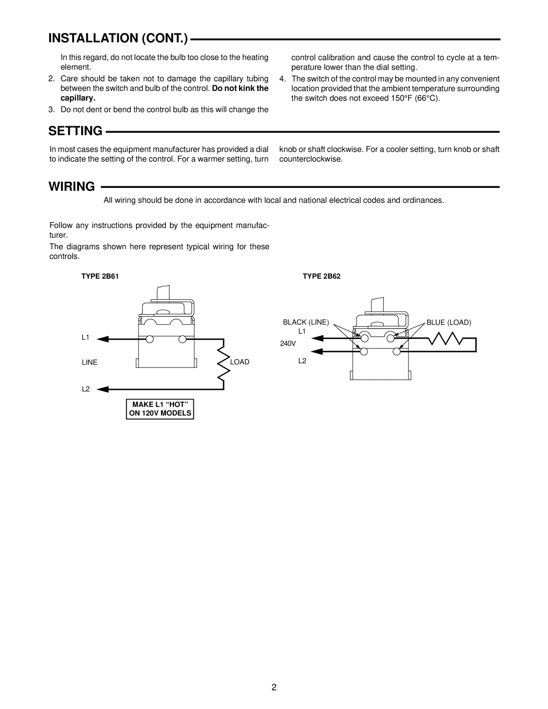 White Rodgers 2B62, 2B61 installation instructions Setting, Wiring 