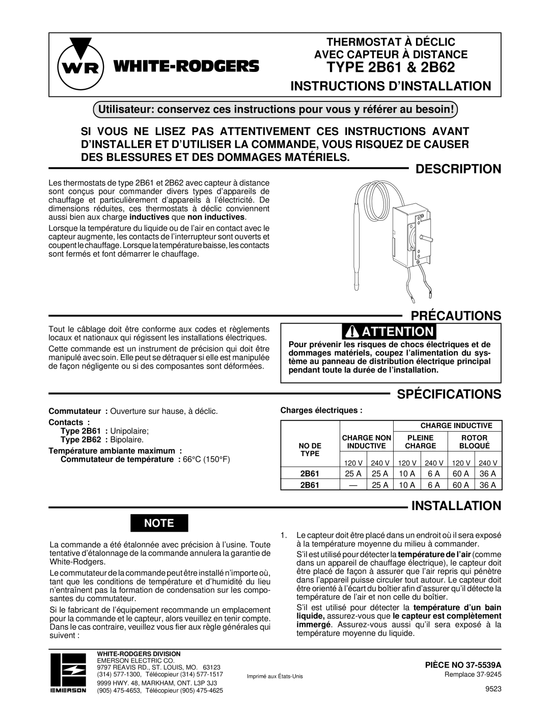 White Rodgers 2B61, 2B62 Instructions D’INSTALLATION, Précautions, Spécifications, Charges électriques, Pièce no 37-5539A 