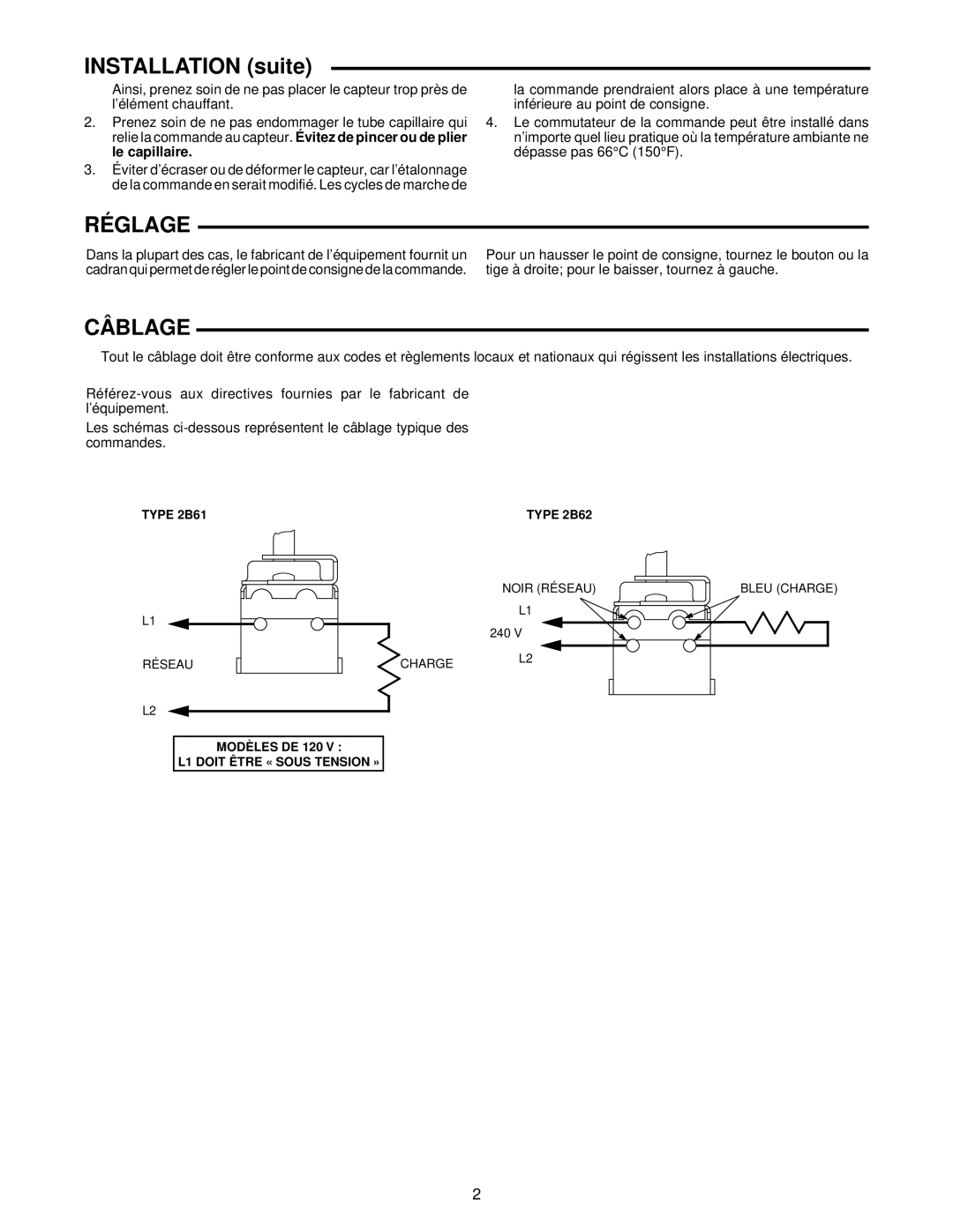 White Rodgers 2B62, 2B61 installation instructions Installation suite, Réglage, Câblage 