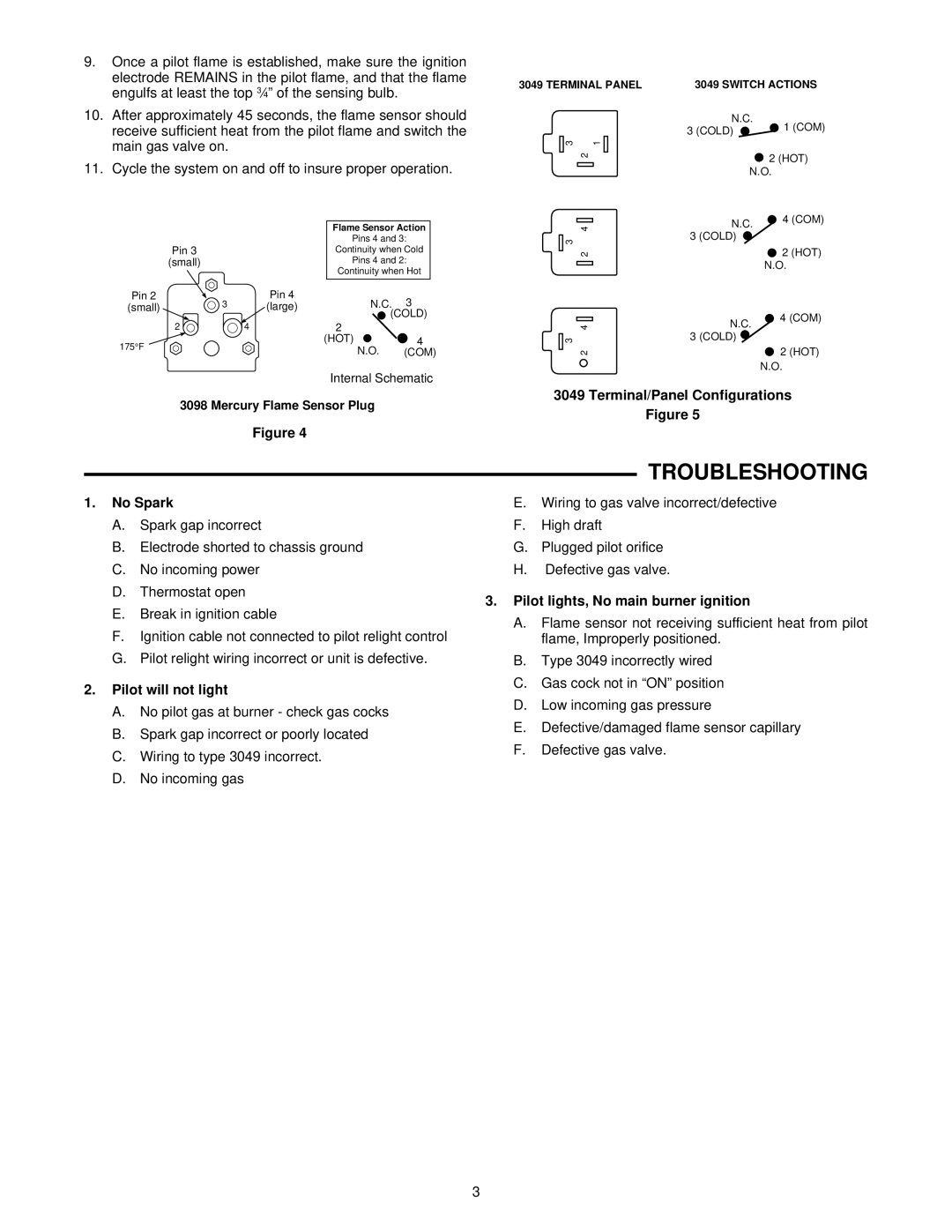 White Rodgers 3098, 3049 Troubleshooting, Terminal/Panel Configurations No Spark, Pilot will not light 