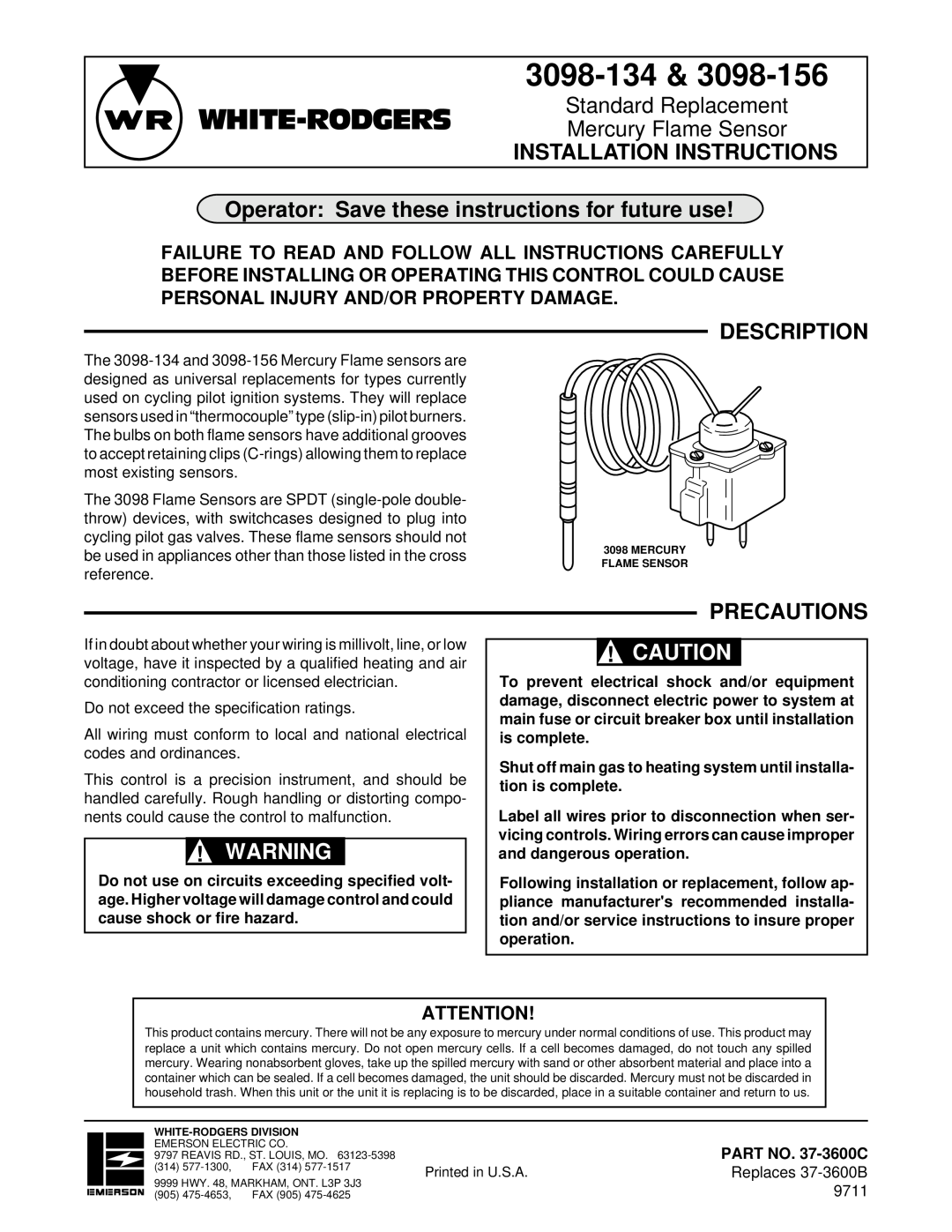 White Rodgers 3098-134 installation instructions White-Rodgers, Installation Instructions, Description, Precautions 