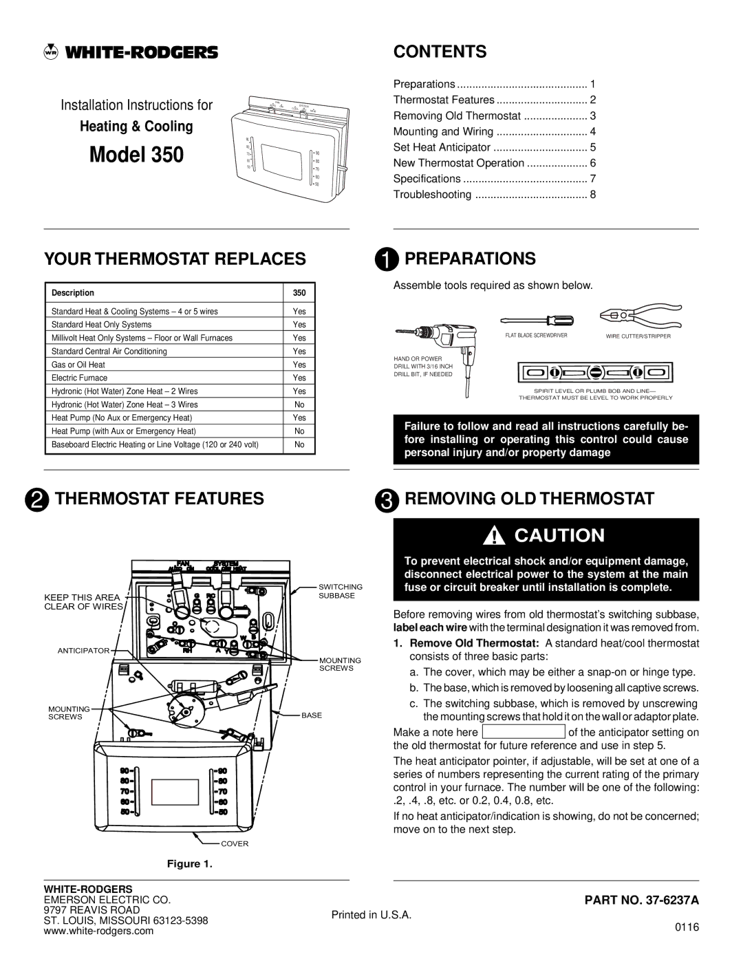 White Rodgers 350 installation instructions Your Thermostat Replaces, Contents, Preparations, Thermostat Features 