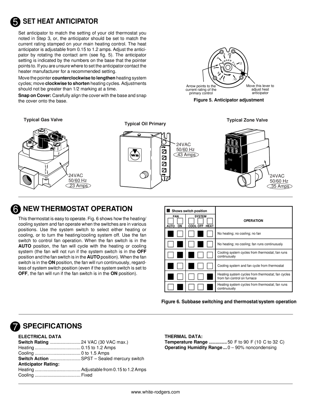 White Rodgers 350 installation instructions SET Heat Anticipator, NEW Thermostat Operation, Specifications 